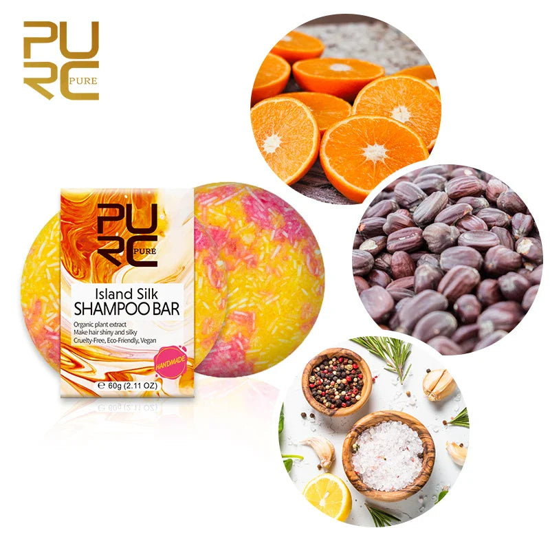 Barra de champú PURC Island Silk - Suavizante & Cabello brillante, ideal para viajar
