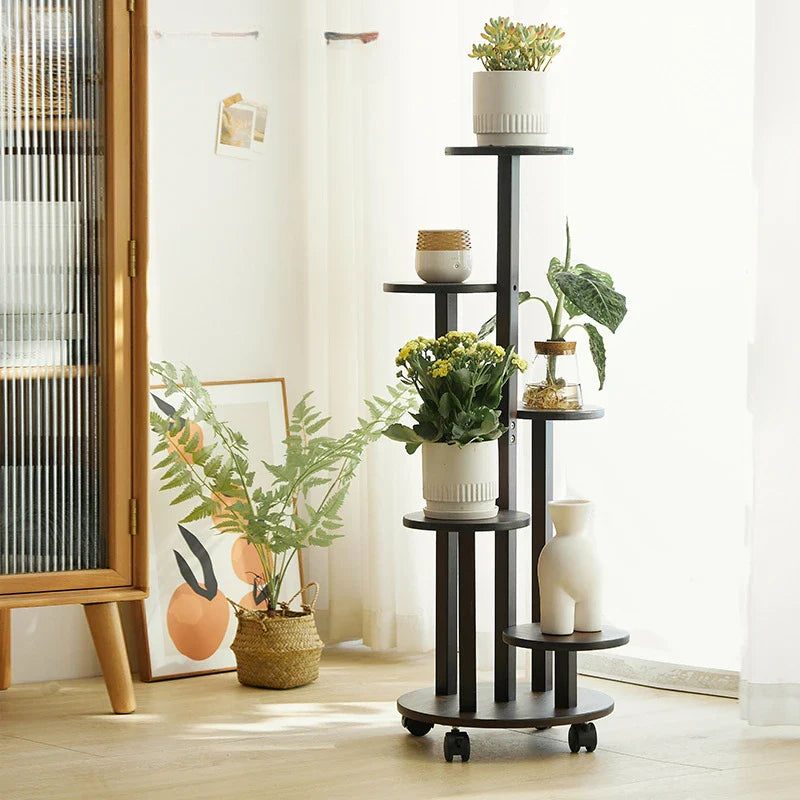 Wood Flower Shelf Rack - Stylish Plant Display on Wheels